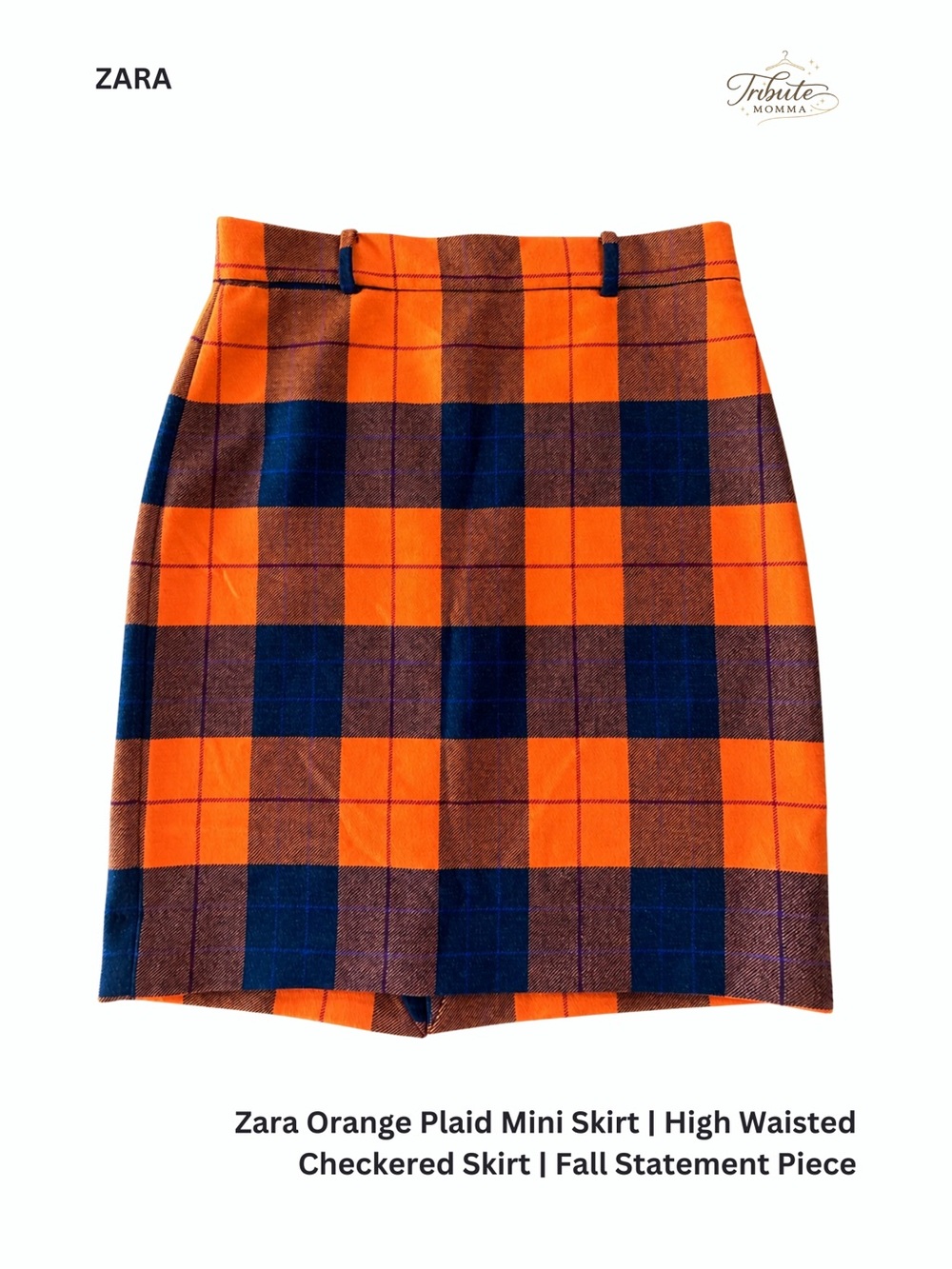 Zara Orange Plaid Mini Skirt | High Waisted Checkered Skirt Large